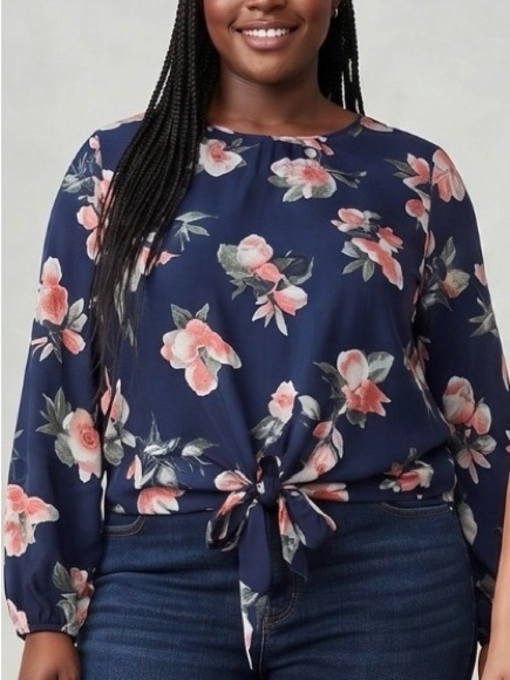 Justify Navy Floral Tie-Front Blouse with Pink Blooms